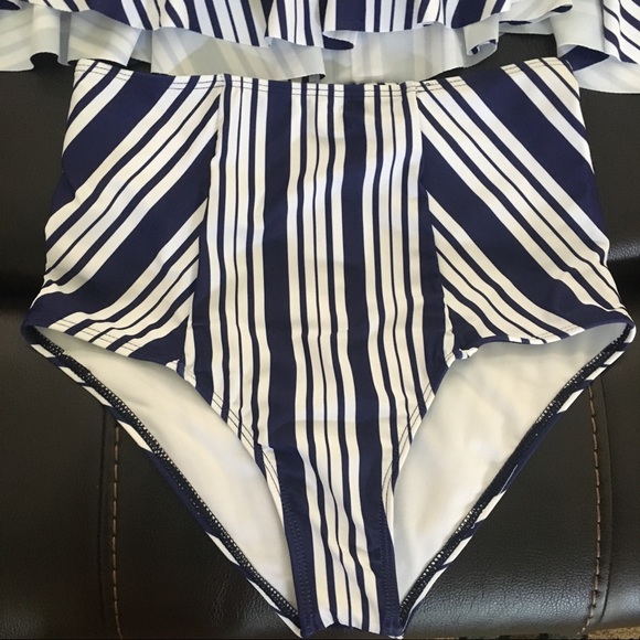 NEW Blue and White Striped High Waist Bathing Suit - Picture 4 of 4